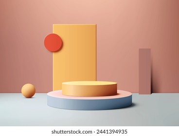 3D podium with a geometric shape elements in studio room background, Product display, Mockup presentation. Vector illustration