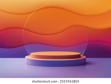 Podio en 3D con un círculo de cristal transparente sobre un suelo púrpura contra una vibrante pared en capas de color naranja y púrpura. Exhibición del Producto, maquetas, y escaparate de la sala de exposición