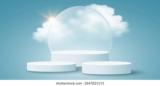 pódio 3D com efeito de morfismo de vidro. Nuvens macias realistas e luz do sol sobre fundo azul. Cena de verão sazonal para exibição, marca ou apresentação do produto. Ilustração vetorial.