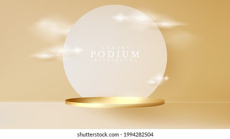 3d podium gold along with cloud. luxury abstract background. cylinder shape for show product cosmetics or stage for award ceremony. vector illustration.