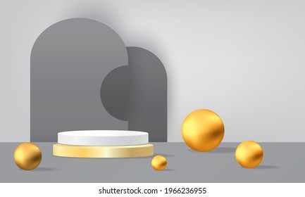 3d podium gold bell minimal luxury white backgroung and gray for mockup presensation product cosmetic modern design show .