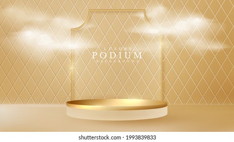 3d podium gold with clouds and arch. luxury abstract background. cylinder shape for show product cosmetics or stage for award ceremony. vector illustration.