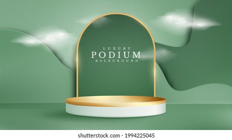 3d podium gold and clouds with paper cut style scene element. luxury abstract background. cylinder shape for show product or stage for award ceremony. vector illustration.