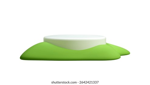 3d podium in grass. render white platform on green hill. Cartoon element for spring or summer kid design. Island, patch, hill. Vector illustration