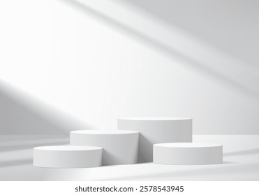 3d podium grey colours on background platform. stand show cosmetic product for display. Stage showcase on pedestal black and white studio platform. 3d simplicity shapes vector render illustration