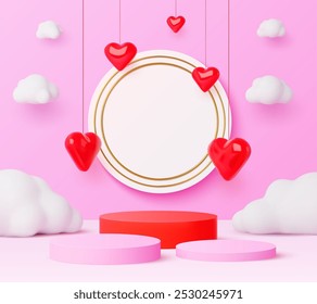 Podio 3D con corazones rojos colgantes y nubes blancas esponjosas sobre un fondo rosa. Plataforma redonda de Vector para exhibición romántica de productos, día de San Valentín o eventos festivos, transmitiendo amor y afecto