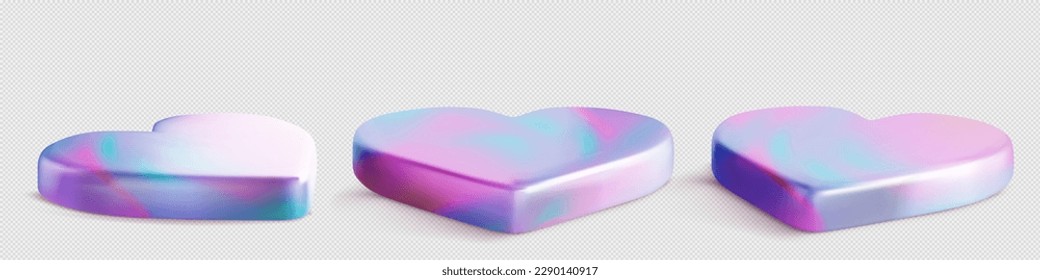 3d podium, hologram stand in heart shape. Studio stage for display products for Valentines day or wedding. Empty platform in neon colors, vector realistic illustration. 3D Illustration