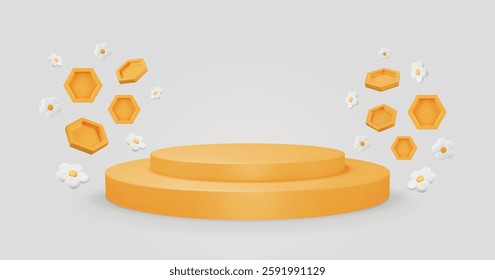 3D Podium with honey combs and flowers flying around. Promotional vector illustration. Beekeeping background with copy space. Pedestal, platform for product. Summer vector illustration.