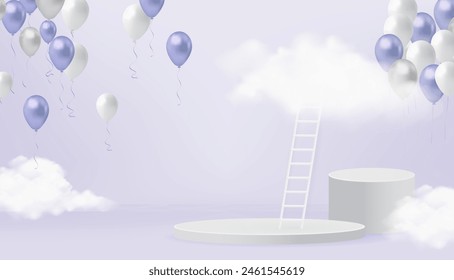 3d podium with ladder, balloons and clouds. Vector illustration.