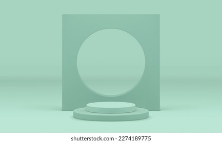 3d podium level stage green foundation for product promo presentation geometric squared wall hole realistic vector illustration. Pedestal construction showcase platform cylinder level scene display