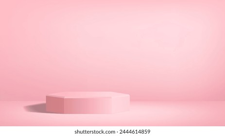 3D podium in minimalist studio background of monochrome gradient pink color. Room or photo space with low platform and light spot. Empty vector template for product presentation, banner back.