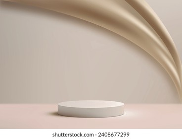 3D podium mockup. Featuring a sleek white podium adorned with a golden cloth, this photorealistic scene background is perfect for showcasing cosmetics, jewelry. Luxury style. Vector illustration