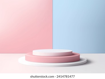 Mockup de podio 3D. Presentan una decoración minimalista en tonos pastel azules y rosas. Ilustración del vector