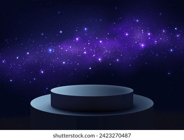 3D podium mockup featuring a starry night sky background and dramatic stage lighting. Perfect for showcasing cosmetics, jewelry, fashion. Vector illustration