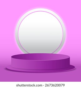 3D podium mockup with glowing round frame on pink background, perfect for product display, cosmetics, or beauty presentation.
