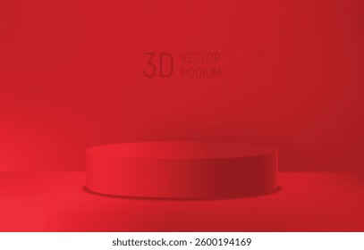 3d podium mockup in red studio, fashion template for show your product. Red round podium in front view for presentation, abstract room with round stage and cyclorama, vector illustration.