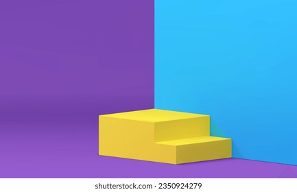 3d podium modern stairs with steps blue corner wall backdrop realistic vector illustration. Yellow staircase trendy rendering pedestal at purple studio background display for product presentation show