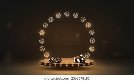 3d podium with neon frame of poker dice with chips in black and gold on a dark background. A concept for a casino.