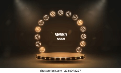 3d podio con marco de neón de bolas de fútbol. Un concepto para los deportes con plataforma y focos brillantes en negro y oro sobre un fondo oscuro.