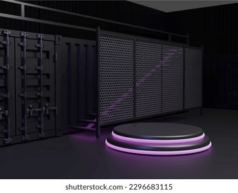 3d podium neon light and dark with container concept	
