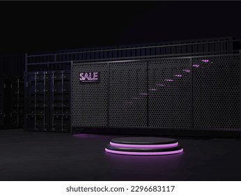 3d podium neon light and dark with container concept	
