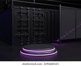 3d podium neon light and dark with container concept	
