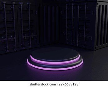 3d podium neon light and dark with container concept	
