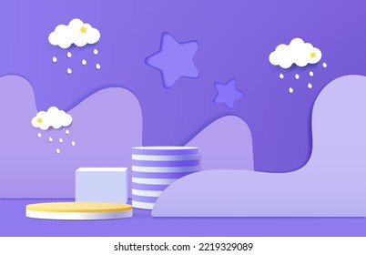 3d podium on background abstract geometric shapes with cute cloud for kids product display