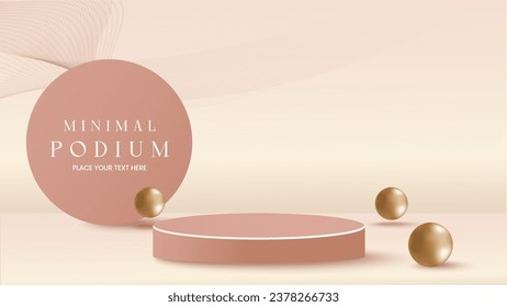 3d podio sobre un fondo beige de colores pastel con un círculo geométrico y decoración en forma de bola de oro. Escenario mínimo para publicidad, presentación de productos, demostración de cosméticos.