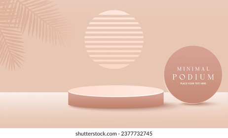 3d podio sobre un fondo beige-pastel con un círculo geométrico y hojas tropicales. La etapa mínima para una exhibición publicitaria, presentación de productos, demostración de cosméticos.