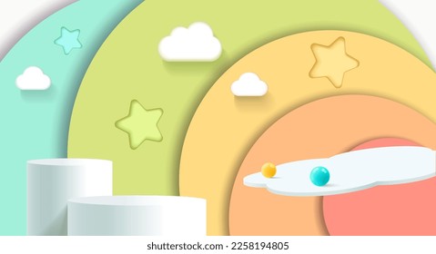 3d podium on blue background abstract geometric shapes with clouds, modern minimalist mock up for kids product display, podium display or showcase