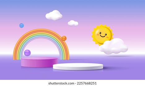 3d podium on colourful  background with clouds and cute rainbow, kids product display.