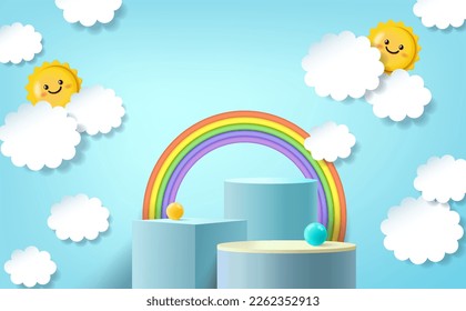 3d podio sobre fondo colorido con nubes y adorable arco iris, exposición de productos para niños.