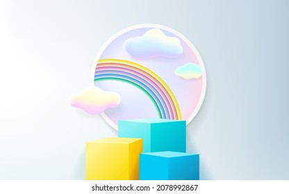 3d Podium On Pastel Background Abstract Geometric Shapes With Cute Rainbow, Kids Product Display