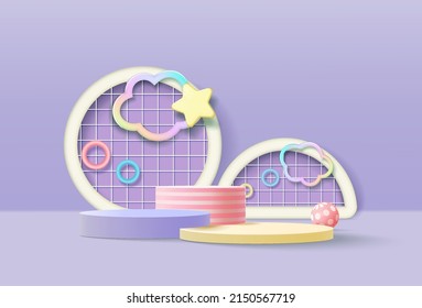 3d podium on pastel background abstract geometric shapes with cute design, kids product display