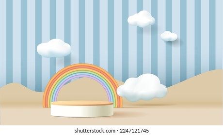 3d podium on pastel background with clouds and cute rainbow, kids product display.