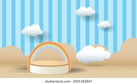 3d podium on pastel clouds cute rainbow