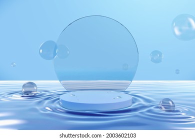 3d podium on water ripples backdrop. Illustration of product platform on a blue wavy background. Suitable for exhibiting summer cosmetic or moisturizer - Shutterstock ID 2003602103