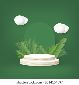 3d podium with palm leaves and cloud on green background. 