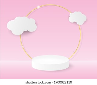 3D podium with paper clouds on a pink background. Geometric podium stage layout for website product showcase in modern style. Vector illustration.
