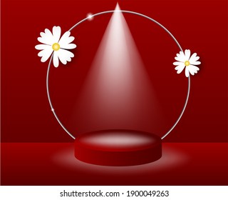 3D podium with paper daisies on a velvet red background. Geometric podium stage layout for website product showcase in modern style. Vector illustration.