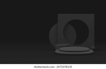 3d podium pedestal black geometric display with wall background realistic vector illustration. Trendy brutal dark commercial showcase shopping sale advertising showroom for presentation