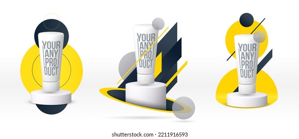 3d podium pedestal cylinder set white realistic
geometric modern design in stylish dark color and yellow circle backdrop. vector realistic podium for product presentation 3d render vector illustration