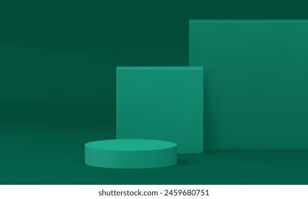 3d podium pedestal cylinder stand with squared wall background realistic vector illustration. Green round commercial display empty showroom interior mock up for cosmetic product show presentation