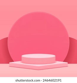 3d podium pedestal elegant feminine pink geometric showroom realistic vector illustration. Advertising commercial stand beauty product shopping sale display with round wall background showcase