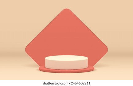 3d podium pedestal neutral display mock up for cosmetic product show realistic vector illustration. Beige pastel commercial showroom advertising showcase platform for shopping sale presentation