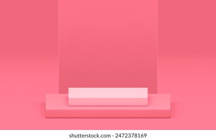 3d podium pedestal pink geometric display for product show realistic vector illustration. Feminine squared showcase advertising showroom trendy pastel step platform space interior for presentation