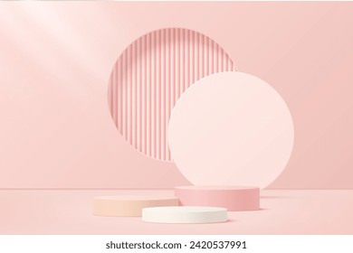 plataforma peatonal 3d podium en rosa, blanco, color crema con fondo geométrico y bola en fondo rosado para visualización de producto, presentación, publicidad.