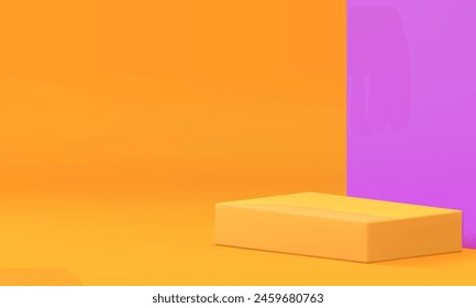 3d podio peatonal rectángulo amarillo brillante con fondo de pared púrpura Ilustración vectorial realista. Moderna sala de exposición de publicidad moderna exposición geométrica comercial presentación del producto