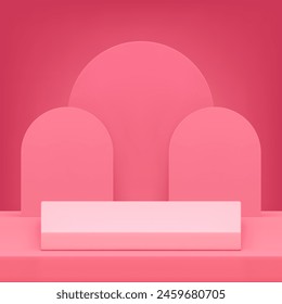 3d podium pedestal rectangle pink stand with semi circle wall background realistic vector illustration. Elegant feminine geometric showroom advertising display mock up for cosmetic product show